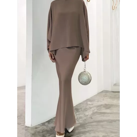 Batwing Sleeves Pearl Solid Color Round-Neck Shirts&Skirts Suits Batwing Sleeves Pearl Solid Color Round-Neck Shirts&Skirts Suits
