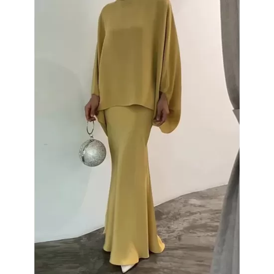 Batwing Sleeves Pearl Solid Color Round-Neck Shirts&Skirts Suits Batwing Sleeves Pearl Solid Color Round-Neck Shirts&Skirts Suits