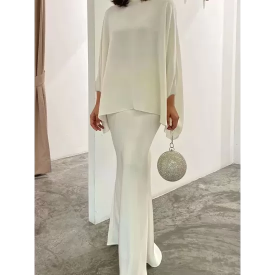 Batwing Sleeves Pearl Solid Color Round-Neck Shirts&Skirts Suits Batwing Sleeves Pearl Solid Color Round-Neck Shirts&Skirts Suits