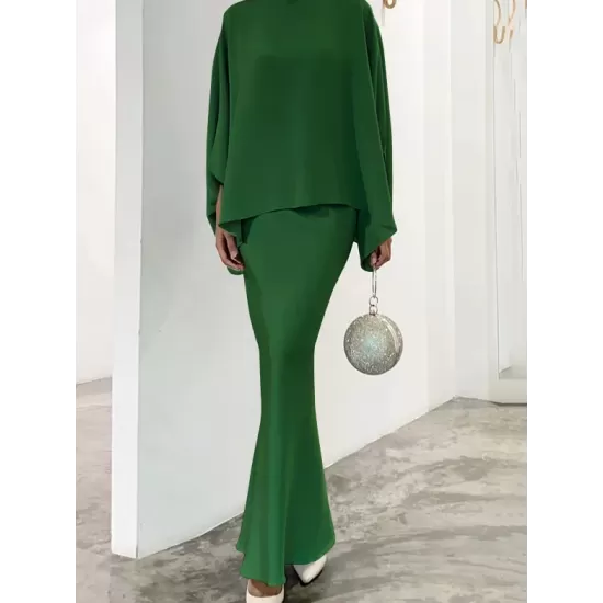 Batwing Sleeves Pearl Solid Color Round-Neck Shirts&Skirts Suits Batwing Sleeves Pearl Solid Color Round-Neck Shirts&Skirts Suits