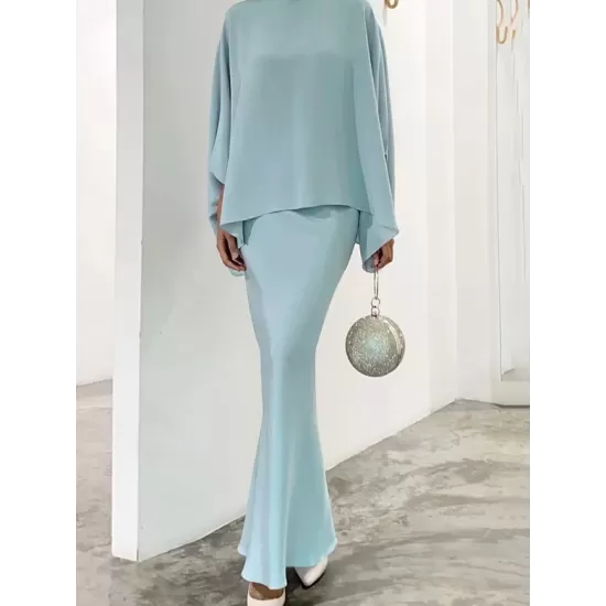 Batwing Sleeves Pearl Solid Color Round-Neck Shirts&Skirts Suits Batwing Sleeves Pearl Solid Color Round-Neck Shirts&Skirts Suits