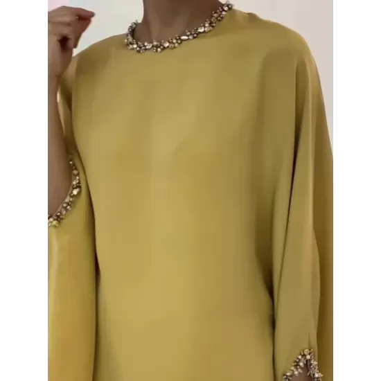 Batwing Sleeves Pearl Solid Color Round-Neck Shirts&Skirts Suits Batwing Sleeves Pearl Solid Color Round-Neck Shirts&Skirts Suits