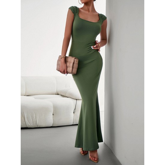 Solid Color High Waisted Mermaid Square-Neck Maxi Dresses Solid Color High Waisted Mermaid Square-Neck Maxi Dresses