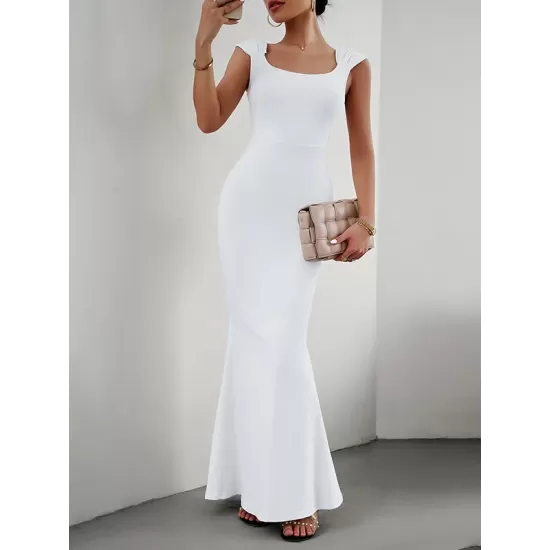 Solid Color High Waisted Mermaid Square-Neck Maxi Dresses Solid Color High Waisted Mermaid Square-Neck Maxi Dresses