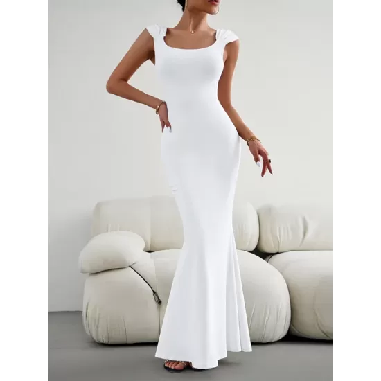 Solid Color High Waisted Mermaid Square-Neck Maxi Dresses Solid Color High Waisted Mermaid Square-Neck Maxi Dresses