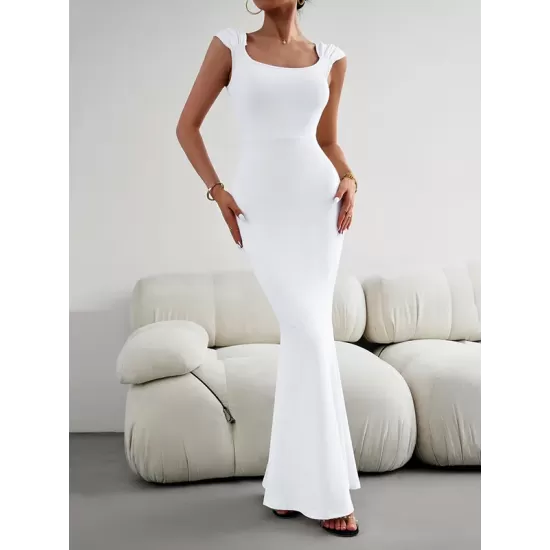 Solid Color High Waisted Mermaid Square-Neck Maxi Dresses Solid Color High Waisted Mermaid Square-Neck Maxi Dresses