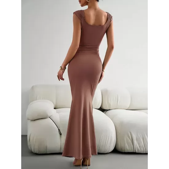 Solid Color High Waisted Mermaid Square-Neck Maxi Dresses Solid Color High Waisted Mermaid Square-Neck Maxi Dresses