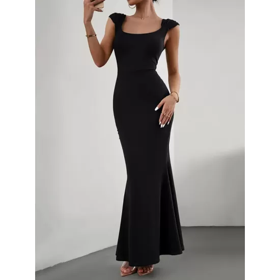 Solid Color High Waisted Mermaid Square-Neck Maxi Dresses Solid Color High Waisted Mermaid Square-Neck Maxi Dresses