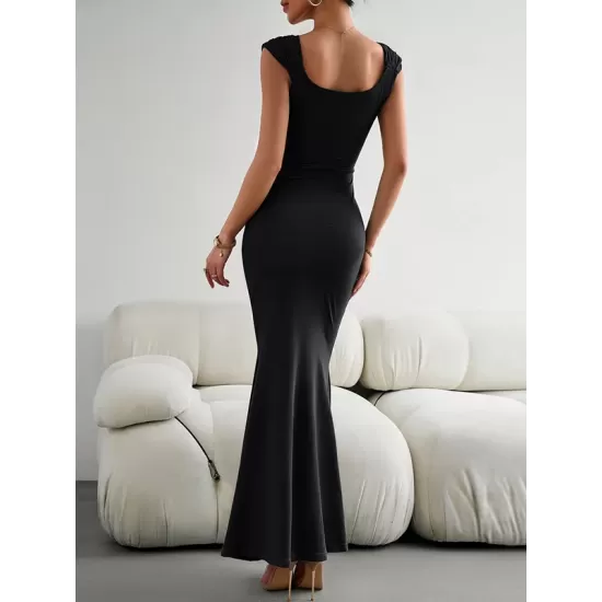 Solid Color High Waisted Mermaid Square-Neck Maxi Dresses Solid Color High Waisted Mermaid Square-Neck Maxi Dresses