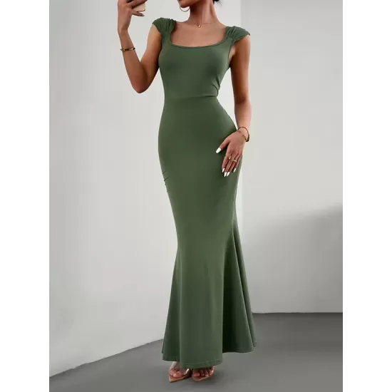 Solid Color High Waisted Mermaid Square-Neck Maxi Dresses Solid Color High Waisted Mermaid Square-Neck Maxi Dresses