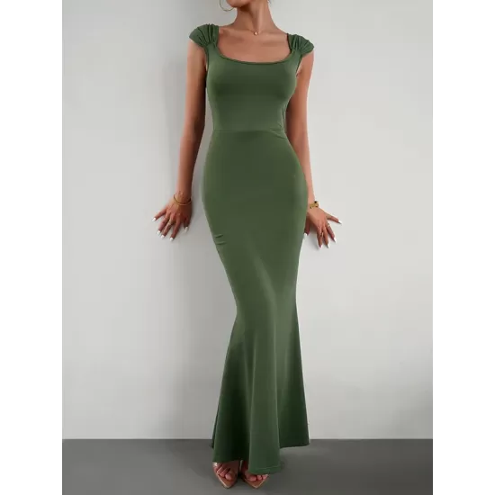 Solid Color High Waisted Mermaid Square-Neck Maxi Dresses Solid Color High Waisted Mermaid Square-Neck Maxi Dresses