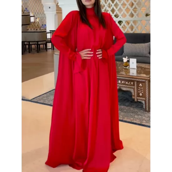 Solid Color Flared Sleeves Long Sleeves High-neck Maxi Dresses Solid Color Flared Sleeves Long Sleeves High-neck Maxi Dresses