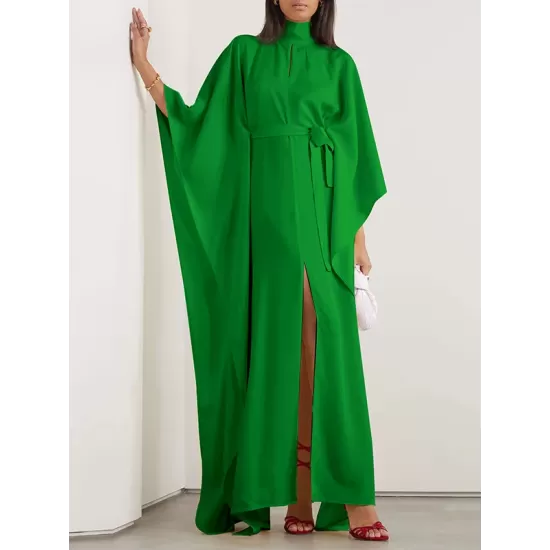 Batwing Sleeves Backless Belted Hollow Split-Front High-Neck Evening Dresses Batwing Sleeves Backless Belted Hollow Split-Front High-Neck Evening Dresses
