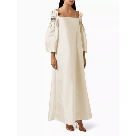 Long Sleeves Embroidered Pleated Square-Neck Evening Dresses Long Sleeves Embroidered Pleated Square-Neck Evening Dresses