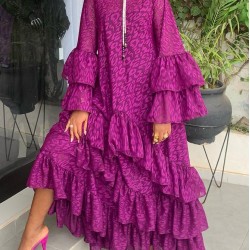 Falbala Solid Color Flared Sleeves Loose Round-neck Maxi Dresses