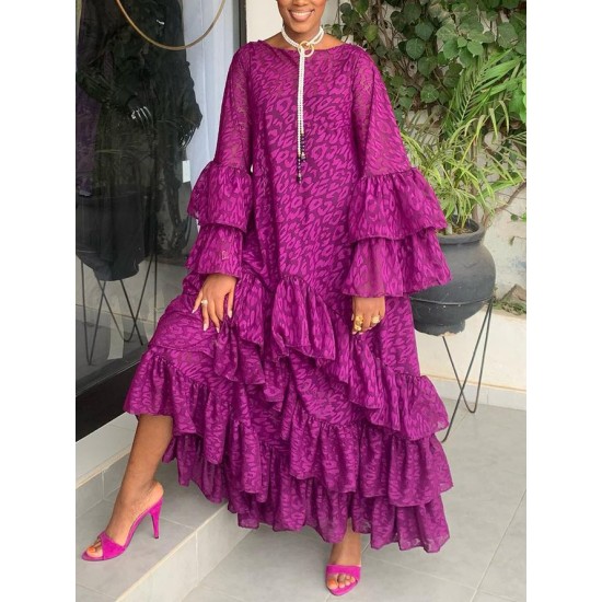 Falbala Solid Color Flared Sleeves Loose Round-neck Maxi Dresses Falbala Solid Color Flared Sleeves Loose Round-neck Maxi Dresses