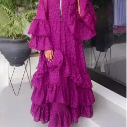 Falbala Solid Color Flared Sleeves Loose Round-neck Maxi Dresses