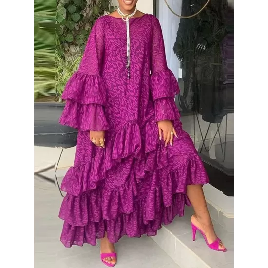 Falbala Solid Color Flared Sleeves Loose Round-neck Maxi Dresses Falbala Solid Color Flared Sleeves Loose Round-neck Maxi Dresses