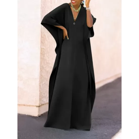 Batwing Sleeves Loose Solid Color Split-Side V-Neck Maxi Dresses Batwing Sleeves Loose Solid Color Split-Side V-Neck Maxi Dresses