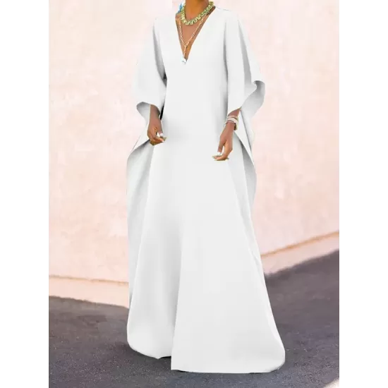 Batwing Sleeves Loose Solid Color Split-Side V-Neck Maxi Dresses Batwing Sleeves Loose Solid Color Split-Side V-Neck Maxi Dresses