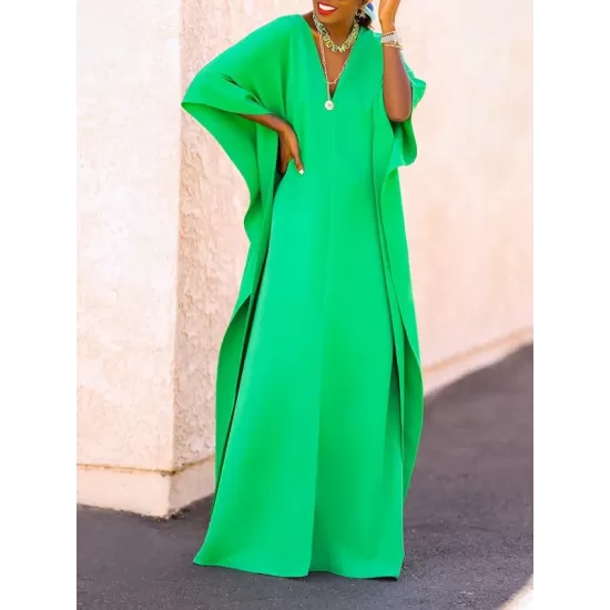 Batwing Sleeves Loose Solid Color Split-Side V-Neck Maxi Dresses Batwing Sleeves Loose Solid Color Split-Side V-Neck Maxi Dresses