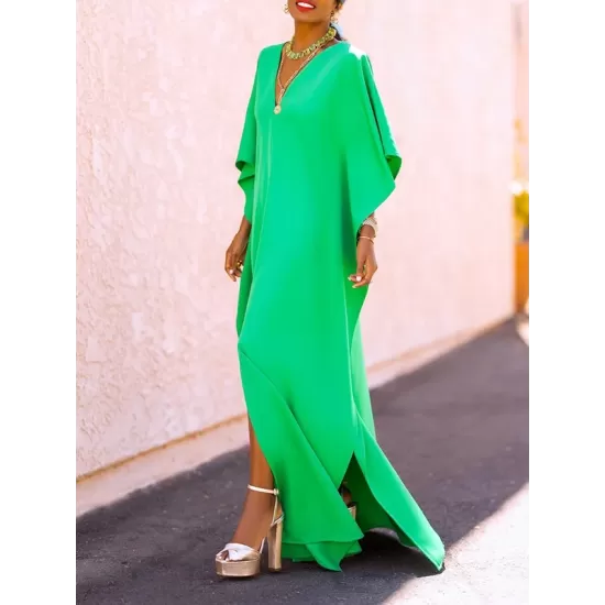 Batwing Sleeves Loose Solid Color Split-Side V-Neck Maxi Dresses Batwing Sleeves Loose Solid Color Split-Side V-Neck Maxi Dresses