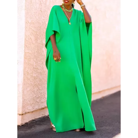 Batwing Sleeves Loose Solid Color Split-Side V-Neck Maxi Dresses Batwing Sleeves Loose Solid Color Split-Side V-Neck Maxi Dresses