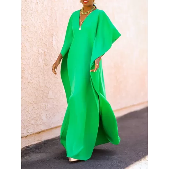 Batwing Sleeves Loose Solid Color Split-Side V-Neck Maxi Dresses Batwing Sleeves Loose Solid Color Split-Side V-Neck Maxi Dresses