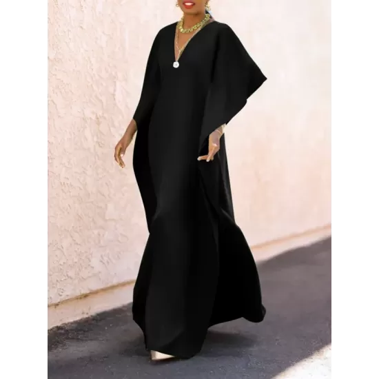 Batwing Sleeves Loose Solid Color Split-Side V-Neck Maxi Dresses Batwing Sleeves Loose Solid Color Split-Side V-Neck Maxi Dresses