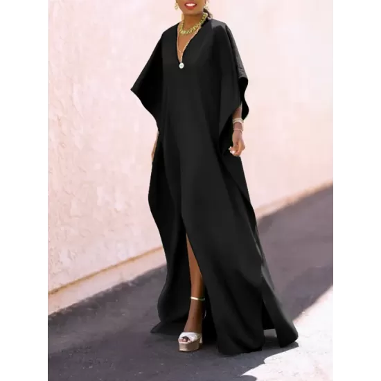 Batwing Sleeves Loose Solid Color Split-Side V-Neck Maxi Dresses Batwing Sleeves Loose Solid Color Split-Side V-Neck Maxi Dresses