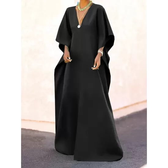 Batwing Sleeves Loose Solid Color Split-Side V-Neck Maxi Dresses Batwing Sleeves Loose Solid Color Split-Side V-Neck Maxi Dresses