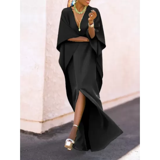 Batwing Sleeves Loose Solid Color Split-Side V-Neck Maxi Dresses Batwing Sleeves Loose Solid Color Split-Side V-Neck Maxi Dresses