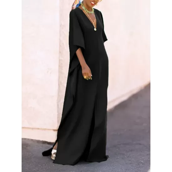 Batwing Sleeves Loose Solid Color Split-Side V-Neck Maxi Dresses Batwing Sleeves Loose Solid Color Split-Side V-Neck Maxi Dresses