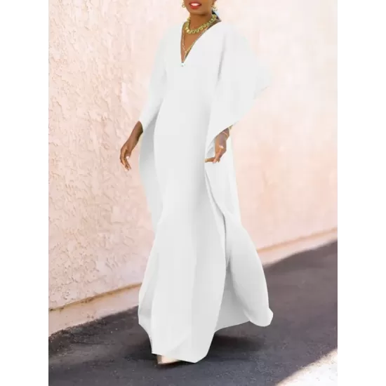 Batwing Sleeves Loose Solid Color Split-Side V-Neck Maxi Dresses Batwing Sleeves Loose Solid Color Split-Side V-Neck Maxi Dresses