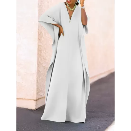 Batwing Sleeves Loose Solid Color Split-Side V-Neck Maxi Dresses Batwing Sleeves Loose Solid Color Split-Side V-Neck Maxi Dresses