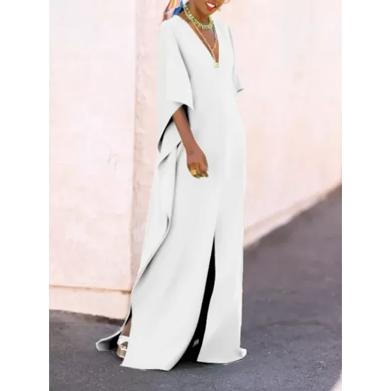 Batwing Sleeves Loose Solid Color Split-Side V-Neck Maxi Dresses Batwing Sleeves Loose Solid Color Split-Side V-Neck Maxi Dresses