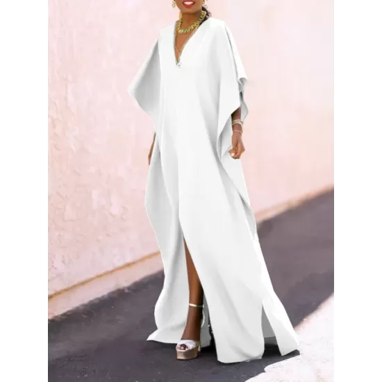 Batwing Sleeves Loose Solid Color Split-Side V-Neck Maxi Dresses Batwing Sleeves Loose Solid Color Split-Side V-Neck Maxi Dresses