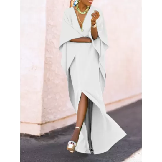 Batwing Sleeves Loose Solid Color Split-Side V-Neck Maxi Dresses Batwing Sleeves Loose Solid Color Split-Side V-Neck Maxi Dresses