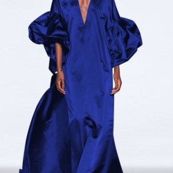 Solid Color Loose Puff Sleeves V-neck Maxi Dresses