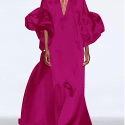 Solid Color Loose Puff Sleeves V-neck Maxi Dresses