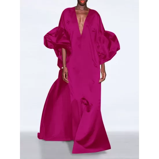Solid Color Loose Puff Sleeves V-neck Maxi Dresses Solid Color Loose Puff Sleeves V-neck Maxi Dresses