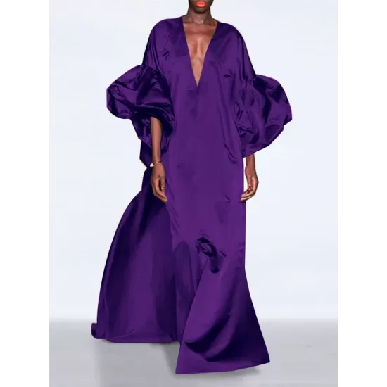 Solid Color Loose Puff Sleeves V-neck Maxi Dresses Solid Color Loose Puff Sleeves V-neck Maxi Dresses