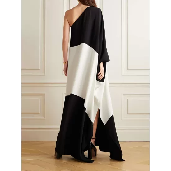 Batwing Sleeves Contrast Color Split-Side One-Shoulder Maxi Dresses Batwing Sleeves Contrast Color Split-Side One-Shoulder Maxi Dresses