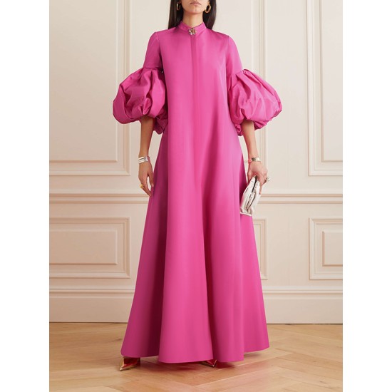 Loose Flower Shape Solid Color Stand Collar Lantern Sleeves Maxi Dresses Loose Flower Shape Solid Color Stand Collar Lantern Sleeves Maxi Dresses