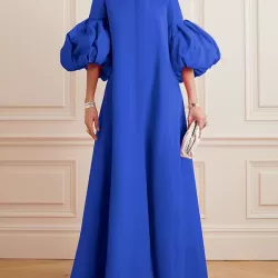Loose Flower Shape Solid Color Stand Collar Lantern Sleeves Maxi Dresses