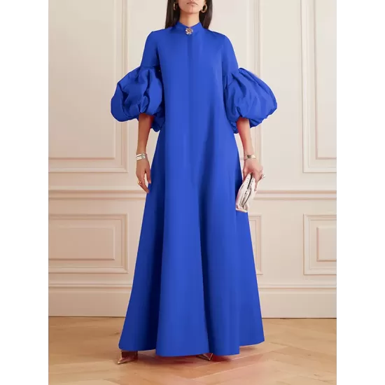 Loose Flower Shape Solid Color Stand Collar Lantern Sleeves Maxi Dresses Loose Flower Shape Solid Color Stand Collar Lantern Sleeves Maxi Dresses