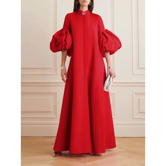 Loose Flower Shape Solid Color Stand Collar Lantern Sleeves Maxi Dresses Loose Flower Shape Solid Color Stand Collar Lantern Sleeves Maxi Dresses