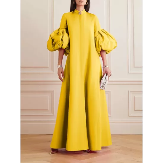 Loose Flower Shape Solid Color Stand Collar Lantern Sleeves Maxi Dresses Loose Flower Shape Solid Color Stand Collar Lantern Sleeves Maxi Dresses