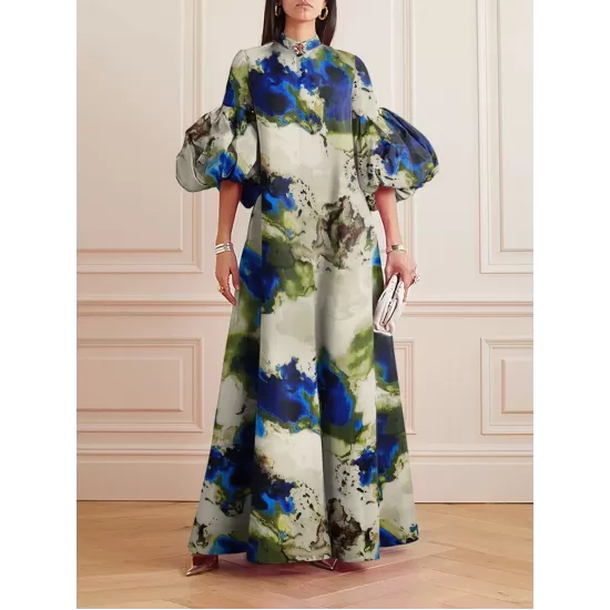Loose Flower Shape Solid Color Stand Collar Lantern Sleeves Maxi Dresses Loose Flower Shape Solid Color Stand Collar Lantern Sleeves Maxi Dresses