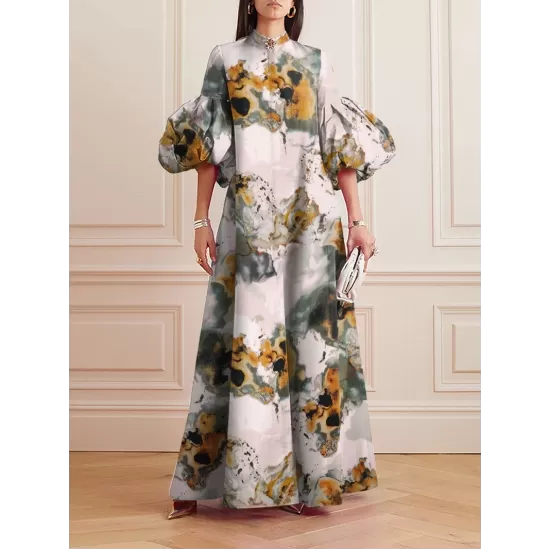 Loose Flower Shape Solid Color Stand Collar Lantern Sleeves Maxi Dresses Loose Flower Shape Solid Color Stand Collar Lantern Sleeves Maxi Dresses